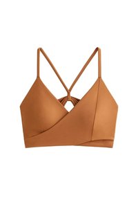 Bruine bralette van gladde stof met een wikkelontwerp, verstelbare schouderbanden en een geknoopte accent in het midden. Eenvoudige en moderne constructie.