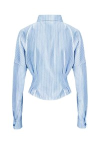Gestreifte, blaue und weiße, kurz geschnittene Bluse mit Kragen, langen Ärmeln und Knopfmanschetten, die eine taillierte Passform und einen glatten Stoff aufweist.