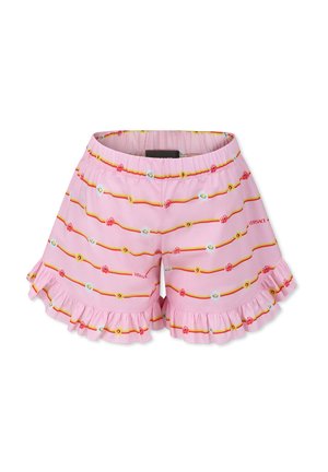 Bermuda rosa con orli arricciati, caratterizzate da vivaci motivi floreali e strisce gialle. Fascia elastica in vita per una vestibilità comoda. Logo del marchio visibile.