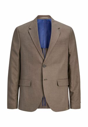 Brun enkelspent herreblazer med hakkeslag, to klaffelommer, en knapp i front og blått innerfor som er synlig.