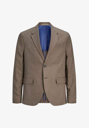 Brun enkelspent herreblazer med hakkeslag, to klaffelommer, en knapp i front og blått innerfor som er synlig.