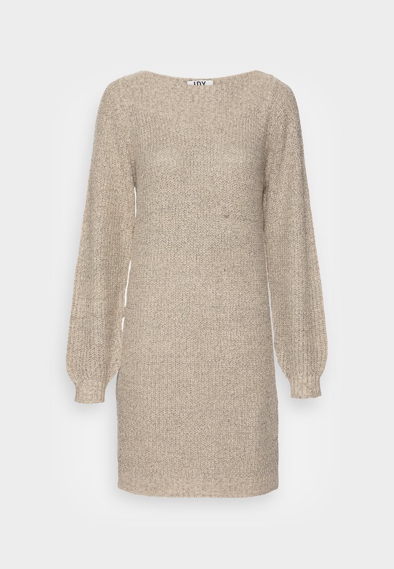 Abito lavorato a maglia in beige chiaro, caratterizzato da una texture liscia, scollatura rotonda e maniche lunghe a sbuffo che si restringono ai polsi.
