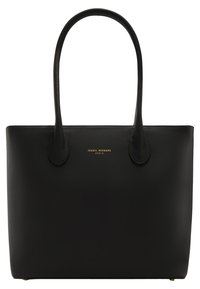 Schwarze Ledertasche mit strukturierter Oberfläche, zwei Griffen und in Gold prägtem Logo. Rechteckige Form mit minimalistischer Gestaltung.