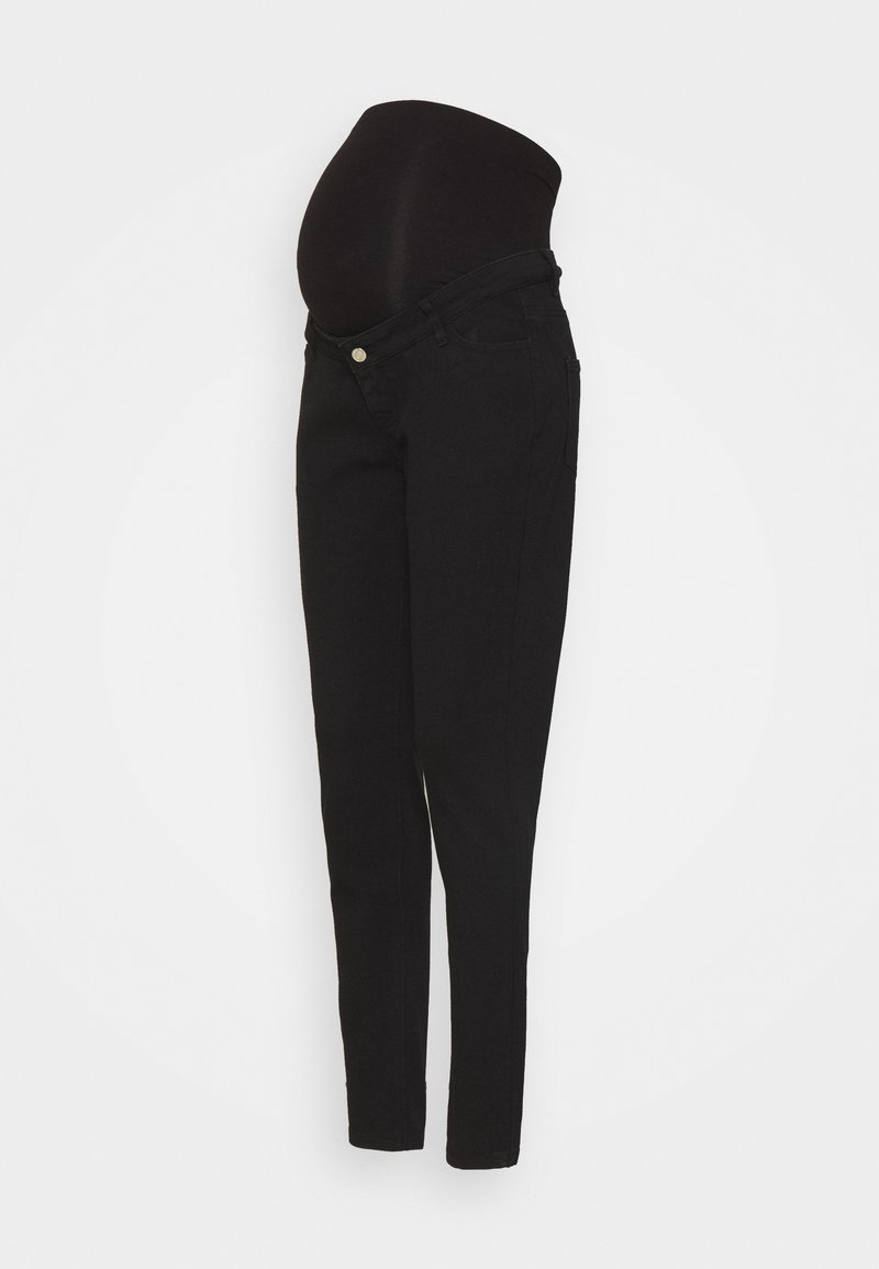Jean de maternité noir avec une taille haute extensible conçue pour s'adapter à un ventre de grossesse.
