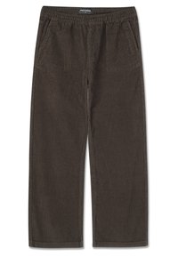 Brūni korduroja bikses ar elastīgu jostasvietu, taisnu kāju dizainu un sānu kabatām. Tekstūrēta auduma virsma ar vieglu ribojumu.