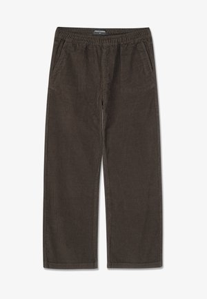 Calças de veludo cotelê castanhas com uma faixa elástica na cintura, design de perna reta e bolsos laterais. O tecido texturizado apresenta riscas subtis.