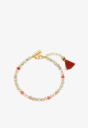 Värviline helmedega käevõru, millel on läikivad ümmargused helmest, kuldse tooni aksessuaarid ja punane pael. Käevõru on varustatud klambri ja reguleeritava ahelaga.