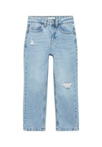 Jeans in denim azzurro chiaro, a vita alta, design a gamba dritta, con toppe strappate ed effetti di whiskering sulla parte frontale.
