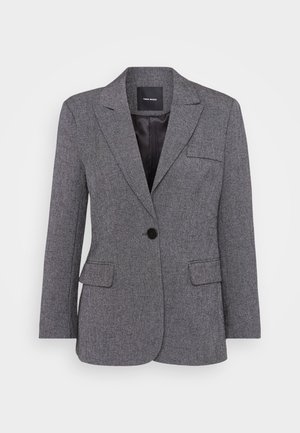 Gray, textured blazer with a single button closure, notch lapels, and two front pockets. Lined interior with a black label.