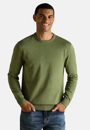 Mann lächelnd, trägt einen olivgrünen Pullover mit Rundhalsausschnitt und blaue Jeans, Hände teilweise in den Taschen, vor einem schlichten hellen Hintergrund.