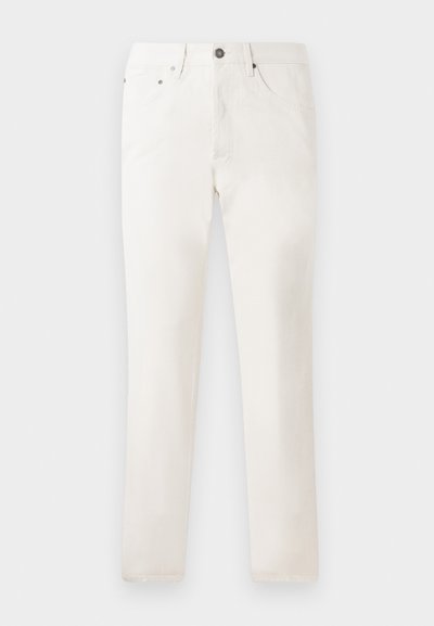 Valged denim püksid sirge lõikega, viie taskuga, vööloopidega ja nööbiga sulgemisega. Sile tekstuur ja minimalistlik disain.