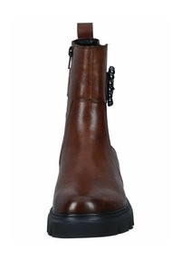 Bottines en cuir marron avec une finition lisse, dotées d'une fermeture éclair sur le côté et de perles noires décoratives sur le talon. Semelle en caoutchouc.