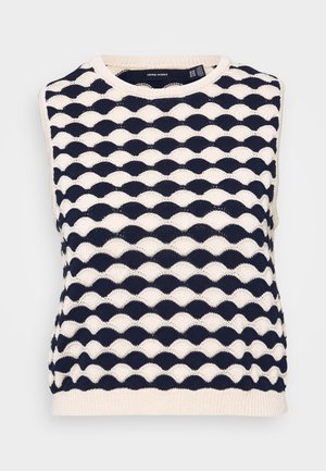 Mornarsko plava i krem slatka bez rukava, pletena puloverica s teksturiranom valovitom šablonom. Okrugla izreza i rebrasti rub. Izrađena od mekanog pletenog materijala.