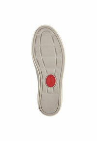 Suola di scarpa in gomma bianca con un motivo di grip testurizzato, con un logo rosso rotondo al centro e un design antiscivolo. Taglia 37.