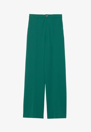 Green wide-leg trousers made from a smooth fabric, featuring two front pockets, a button closure, and a clean, tailored design.