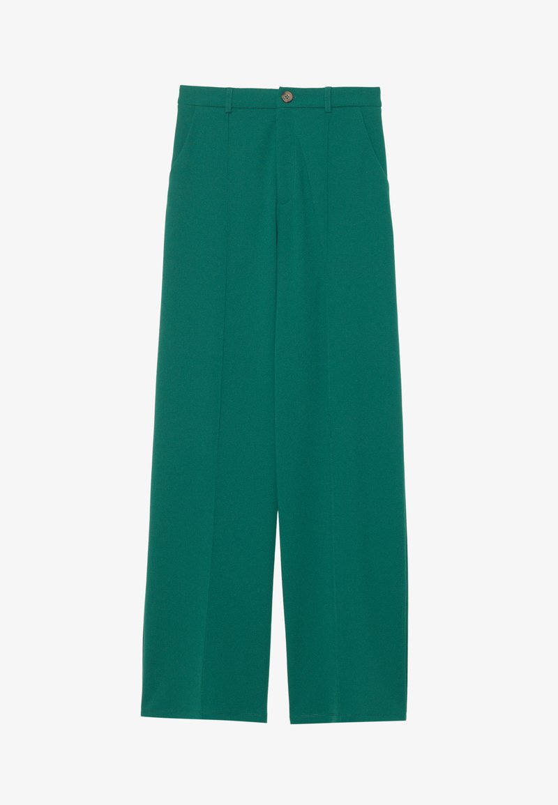 Pantalons larges verts en tissu lisse, dotés de deux poches avant, d'une fermeture à bouton et d'un design épuré et ajusté.
