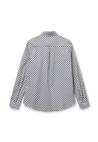 Camicia a maniche lunghe con base bianca e un motivo a diamante ripetuto in blu navy e arancione ruggine, mostrata dal retro.