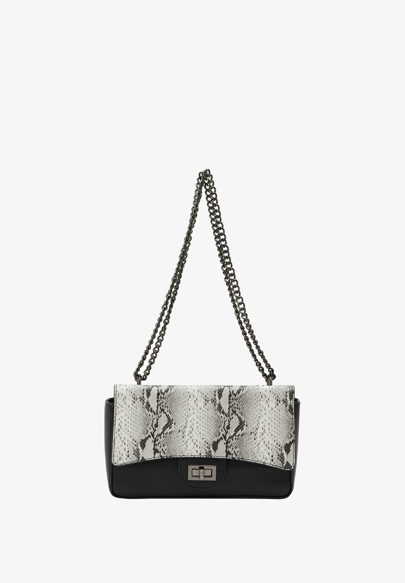 Snektrykt skuldertaske med en tekstureret klap i sort og grå nuancer. Har en kæderegulerbar strop og en metalspænde detalje foran.