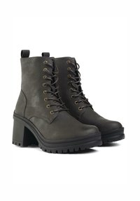 Dark gray ankle boots made of textured synthetic leather, featuring round toe, gold eyelets, front laces, and chunky heel with rugged sole.
