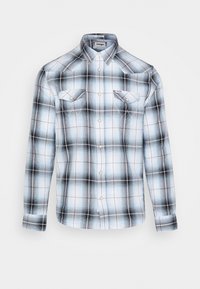 Camicia a maniche lunghe a quadri con motivo blu e nero, colletto abbottonato, due tasche sul petto e tessuto leggero dalla texture liscia.