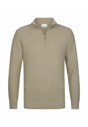 Beige trui met een kwartrits, lange mouwen, geribbelde manchetten en zoom, gemaakt van getextureerde gebreide stof.