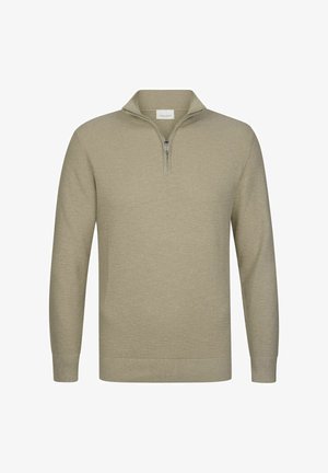 Beige trui met een kwartrits, lange mouwen, geribbelde manchetten en zoom, gemaakt van getextureerde gebreide stof.