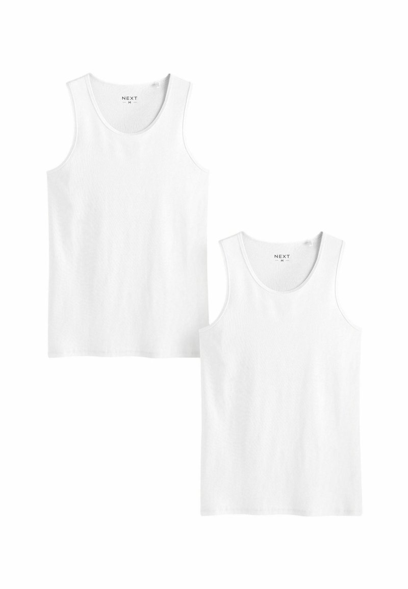 Two white cotton tank tops with rounded necklines and sleeveless design. Textured ribbed fabric, straight hem, labeled with "NEXT" tag.