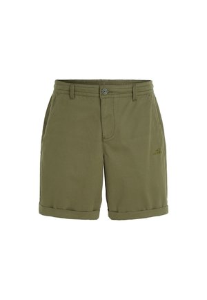 Olive green cotton shorts with a button closure, belt loops, two side pockets, and rolled hem featuring a subtle logo detail.