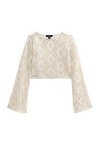 Crème-kleurige cropped top met lange uitlopende mouwen, voorzien van een textuur met een ruitpatroon en een ronde halslijn. Gemaakt van een lichte, ademende stof.