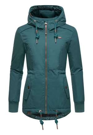 Teal jacket with a zip front, features a hood, drawstring waist, and elastic cuffs. Lined with a patterned fabric; two side pockets.