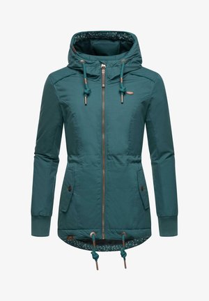Teal jacket with a zip front, features a hood, drawstring waist, and elastic cuffs. Lined with a patterned fabric; two side pockets.