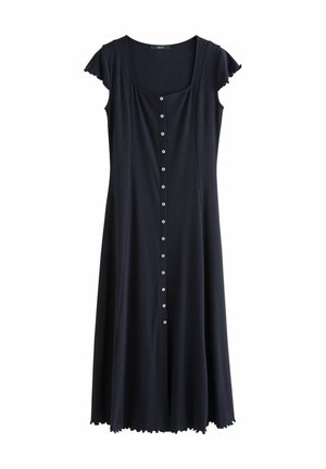 Tamsiai mėlyna, iki kelių ilgio suknelė, trumpomis raukinėtomis rankovėmis, kvadratine iškirpte ir sagomis priekyje suapvalintomis baltomis sagomis.