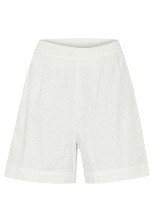 Shorts en coton blancs avec une taille élastique. Présente des motifs en œillets et une coupe ample et décontractée, se terminant juste au-dessus du genou.