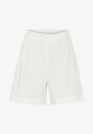 Valged puuvillased lühikesed püksid elastse vöökohtaga. Omavad aukudega mustrit ja lahedat, mugavat lõiget, ulatudes just üle põlve.