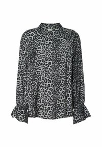 Bluse i leopardmønster i grå og sort med krave, knaplukning og flagrende manchetter. Blødt, struktureret stof.