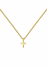 Collar de cadena de oro con un pequeño colgante de cruz pulido. La cadena tiene un diseño de eslabones retorcidos, lo que ofrece una apariencia delicada.