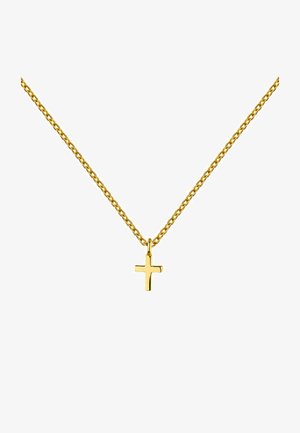 Collar de cadena de oro con un pequeño colgante de cruz pulido. La cadena tiene un diseño de eslabones retorcidos, lo que ofrece una apariencia delicada.