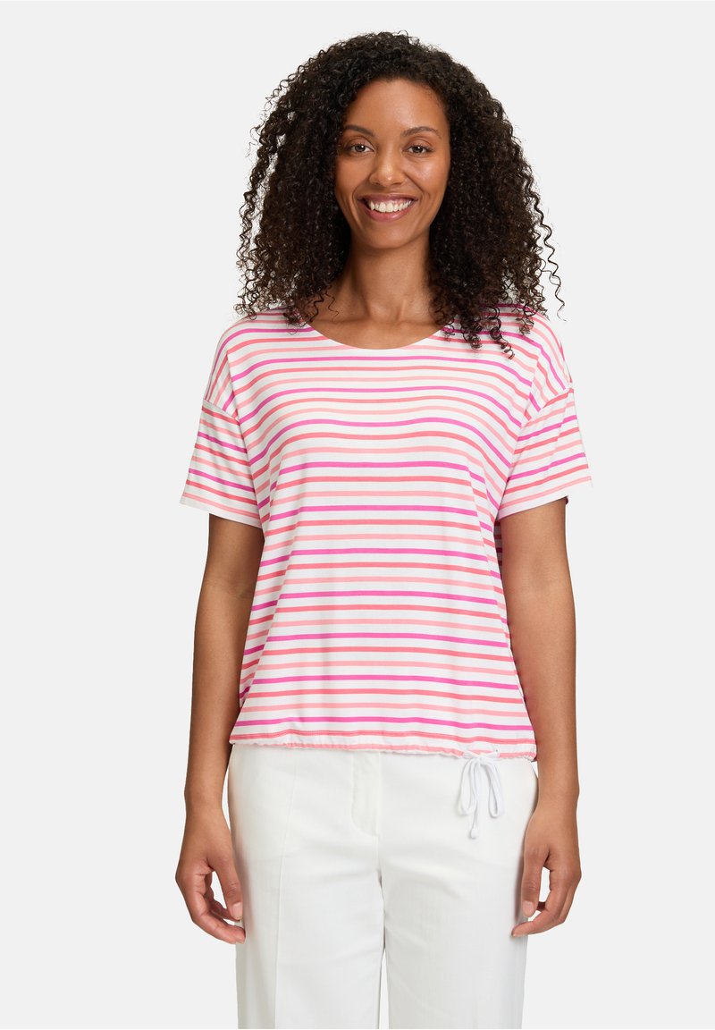 Stribet kortærmet t-shirt i pink og hvid med rund halsudskæring og samlet snor i kanten. Glat stof med en afslappet pasform.