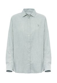 Camicia button-up verde chiaro realizzata in tessuto texturizzato. Presenta un colletto, maniche lunghe e un piccolo logo ricamato sul lato sinistro del petto.