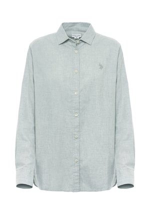 Camicia button-up verde chiaro realizzata in tessuto texturizzato. Presenta un colletto, maniche lunghe e un piccolo logo ricamato sul lato sinistro del petto.