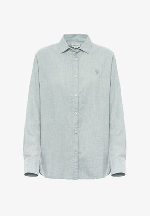 Camicia button-up verde chiaro realizzata in tessuto texturizzato. Presenta un colletto, maniche lunghe e un piccolo logo ricamato sul lato sinistro del petto.