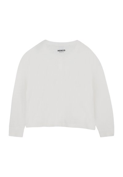 White knitted sweater with a wide neckline, long sleeves, and ribbed cuffs. Features a small black "KENZO PARIS" logo at the back.
