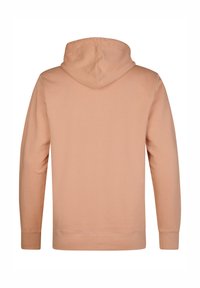 Sudadera con capucha en color durazno claro, hecha de una tela suave. Presenta mangas largas, un dobladillo inferior redondeado y un diseño simple sin logotipos visibles.