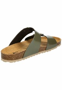 Green patent leather slide sandal with cork footbed, featuring two crossover straps and textured rubber sole for grip.