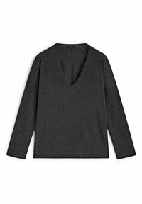 Haut en tricot à manches longues gris charbon avec encolure en V, coupe décontractée et texture douce, présentant un design minimaliste sans éléments métalliques visibles.