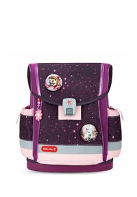 Zaino viola con motivi a stelle, dettagli rosa, due bottoni decorativi, chiusura a scatto e una striscia riflettente sulla parte inferiore frontale.