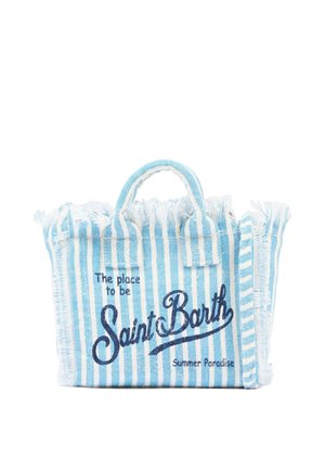 Borsa a mano in tessuto a righe blu e bianche con bordi sfrangiati, manici corti e testo che recita "The place to be Saint Barth Summer Paradise."