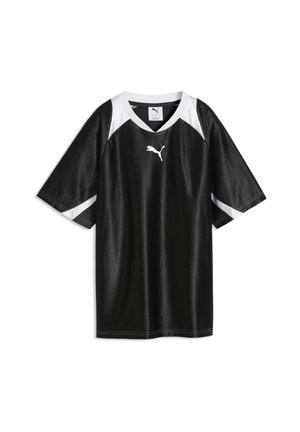 Schwarzes Sporttrikot mit kurzen Ärmeln, weißen Akzenten an Schultern und Ärmeln, V-Ausschnitt und weißem Puma-Logo auf der Brust.