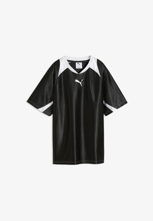 Sort sports-T-shirt med korte ærmer, hvide accenter på skulder og ærmer, V-udskæring og hvid Puma-logo på brystet.