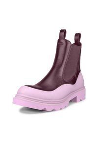 Burgundy läder ankelstövel med rosa gummisula, med elastiska sidopaneler och rund tå. Texturerad ovandel med robust konstruktion.